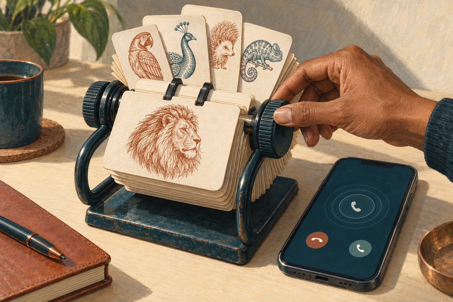 Una mano gira un Rolodex con ilustraciones de animales junto a un teléfono